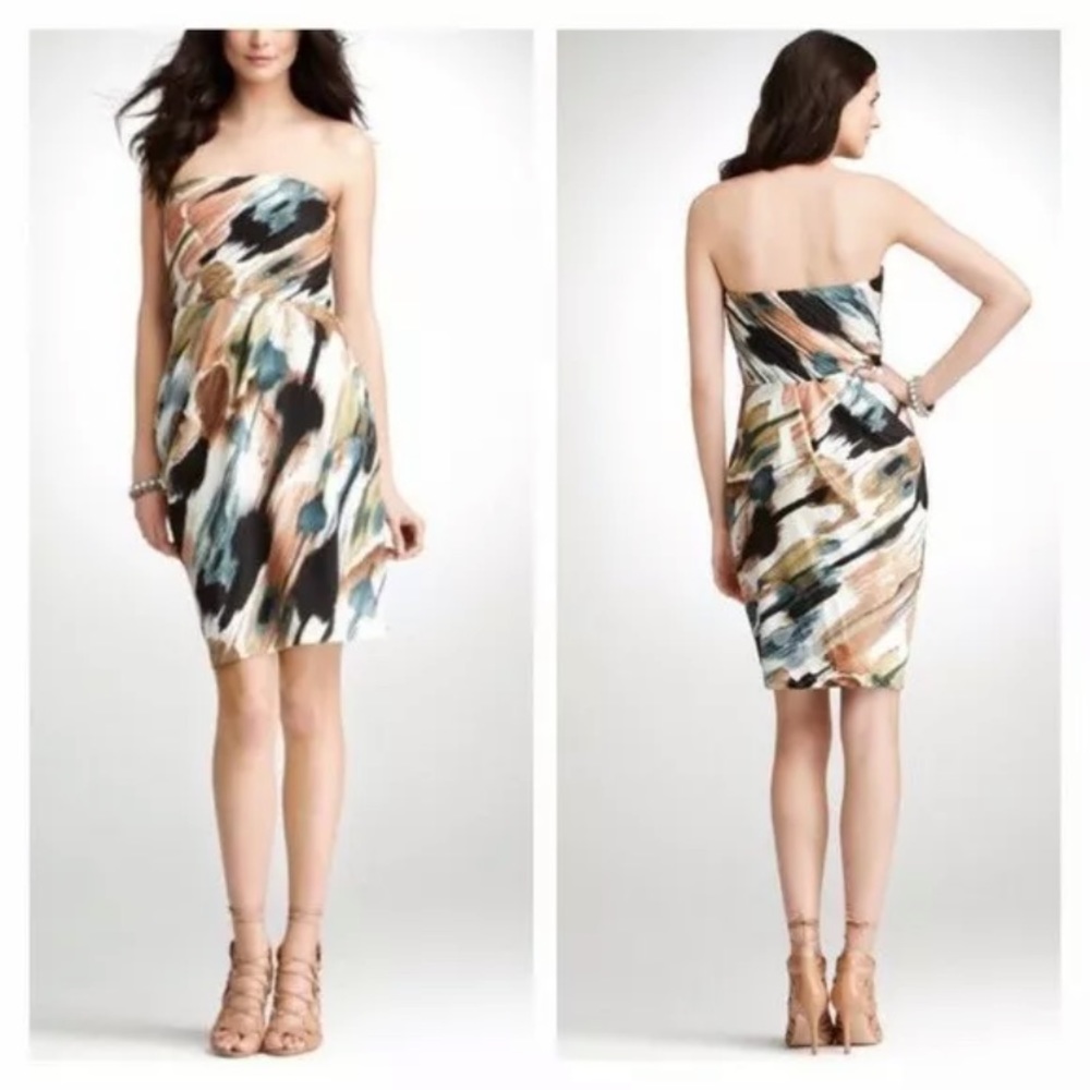 Ann Taylor brush stroke abstract print strapless dress